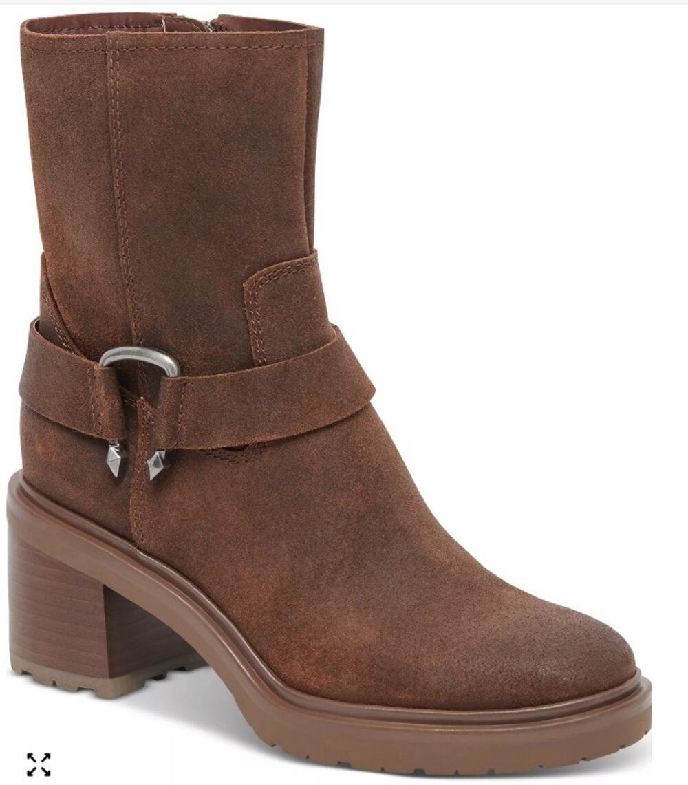 NEW Dolce Vita Camros buckled moto ankle boots tan suede leather women size 9